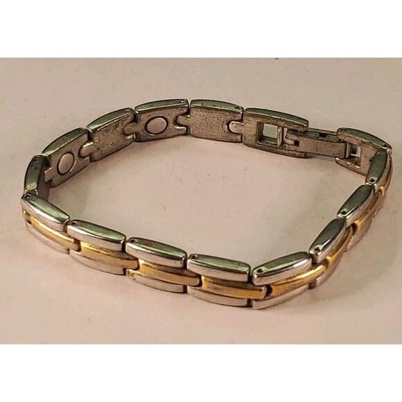 Two Tone Bracelet Bar Link Sliver And Gold Tone Contemporary Box Clasp Closure - Picture 2 of 9